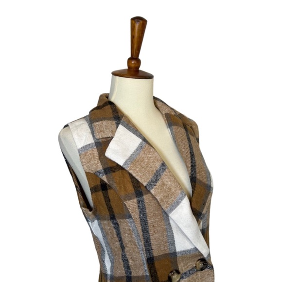 Double Breasted Brown Plaid Vest Button Down Mini Dress - Picture 12 of 16